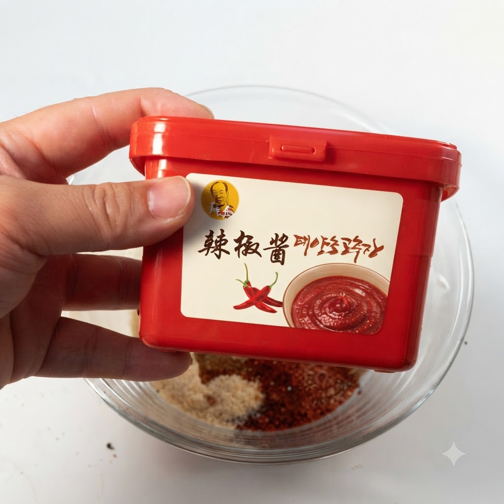 Una mano sosteniendo un recipiente rojo de pasta de chile coreano sobre el bol de condimentoscite: 1.