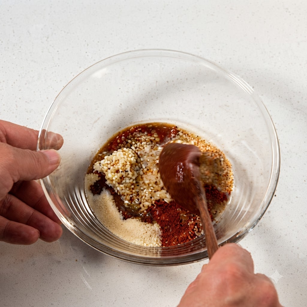 Una cuchara de madera mezclando los ingredientes de la salsa dentro de un bol de cristal hasta formar una pasta roja espesacite: 1.
