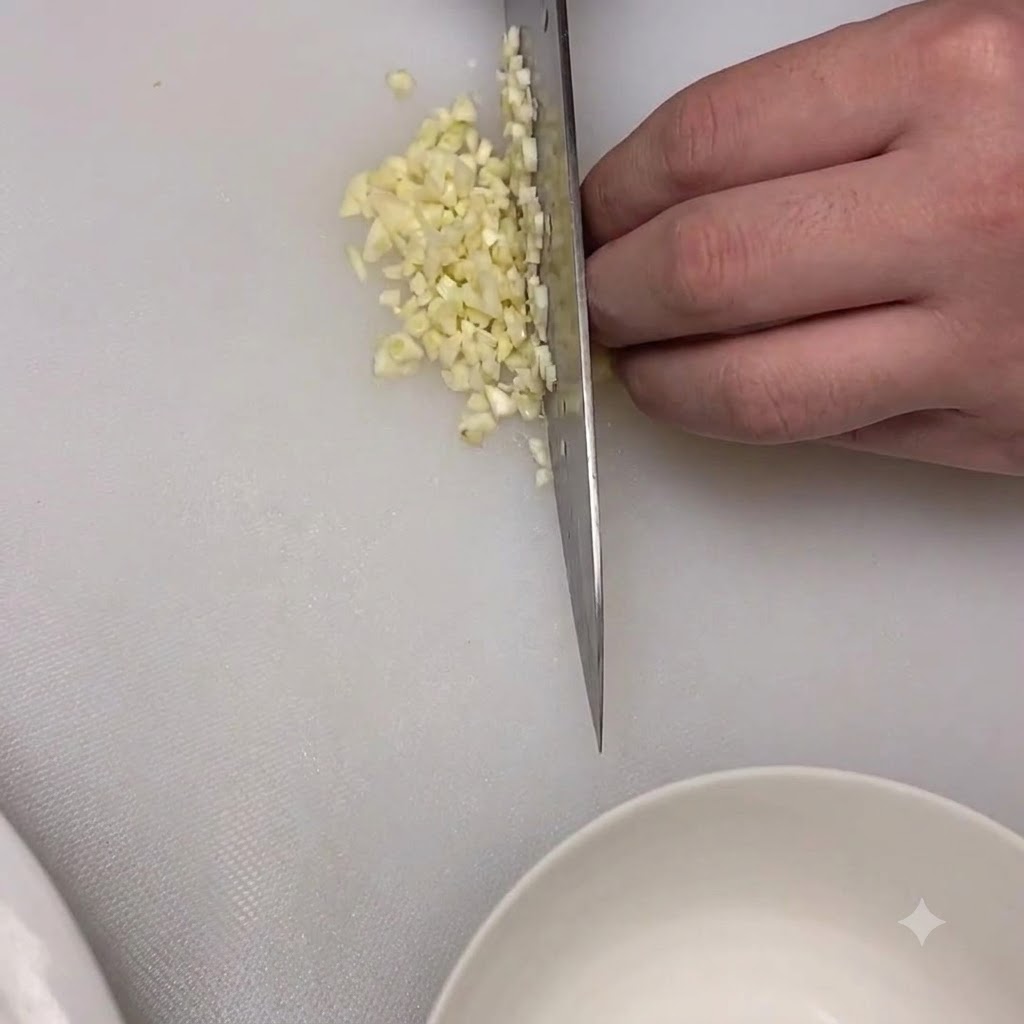 Ajo picado y azúcar blanca combinados dentro de un pequeño bol blanco.