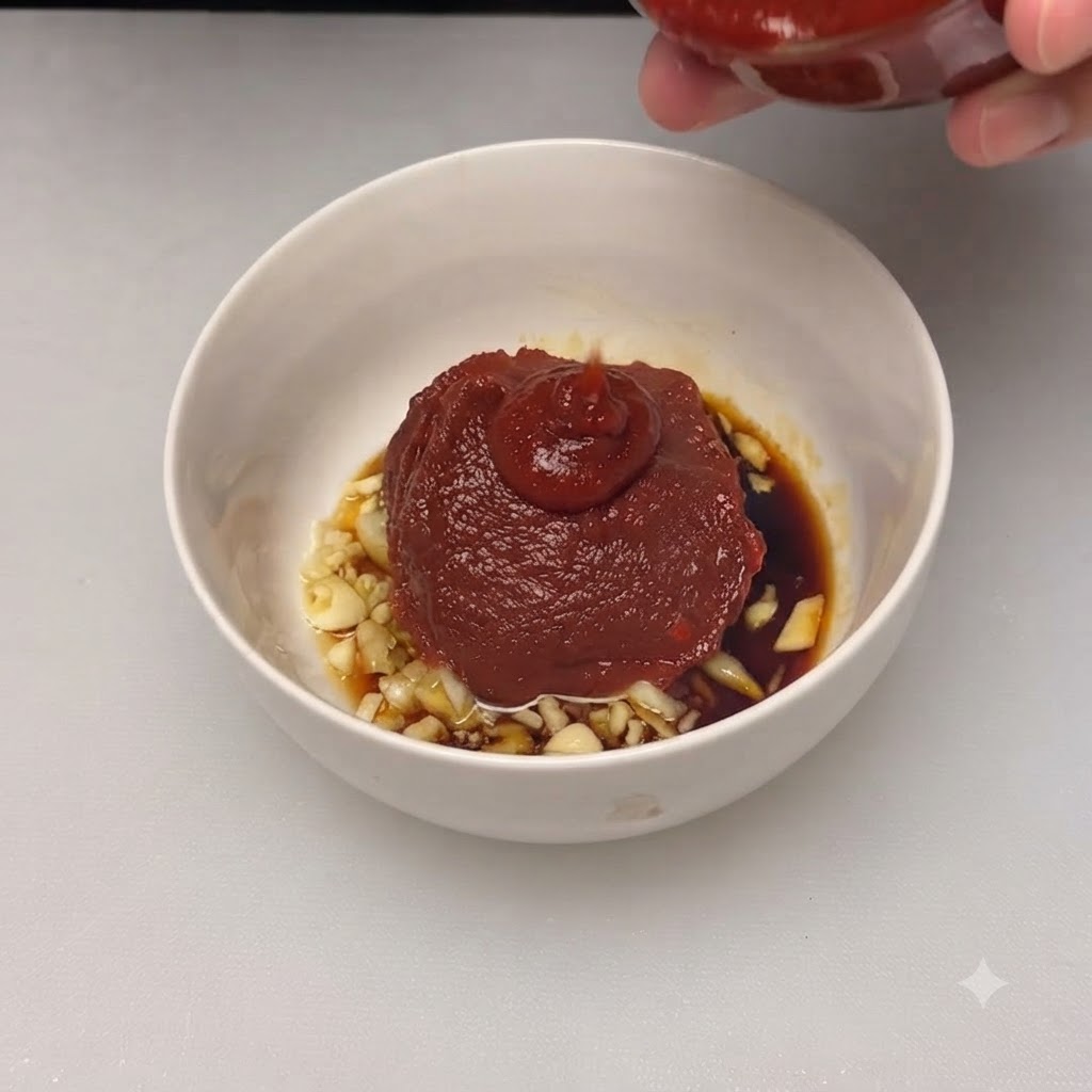 Una gran porción de pasta de chile rojo espesa reposando en el centro del bol de mezcla.
