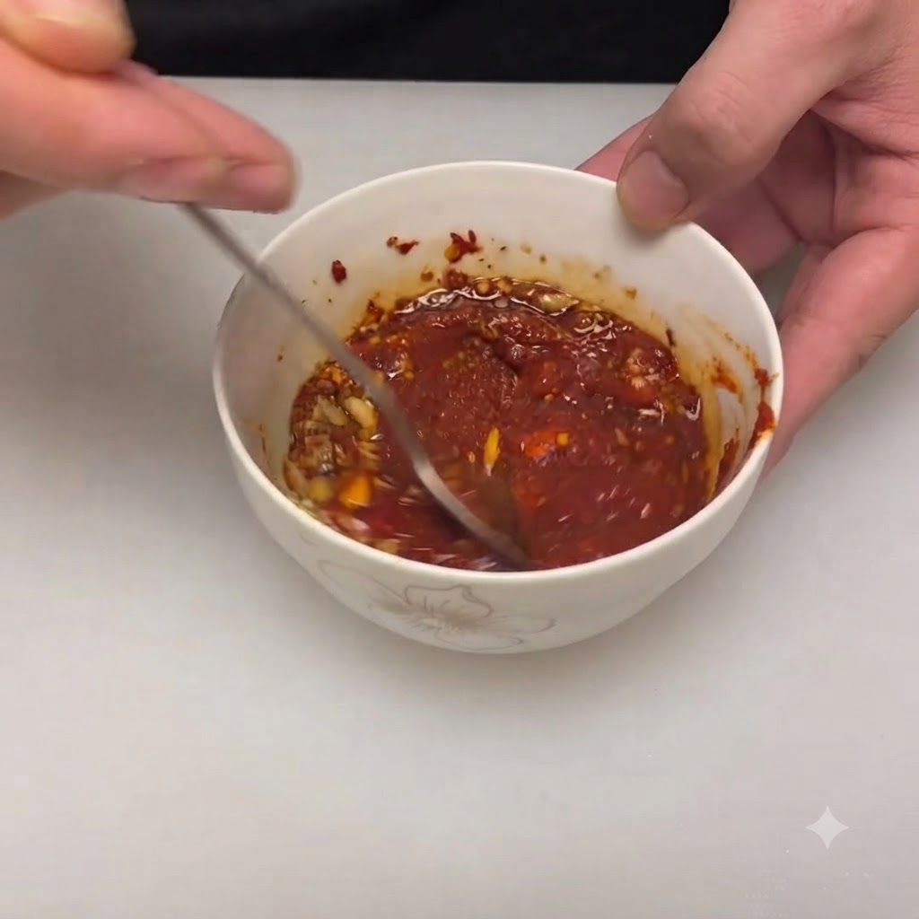 Una cuchara removiendo la rica y espesa salsa de chile rojo dentro del bol.