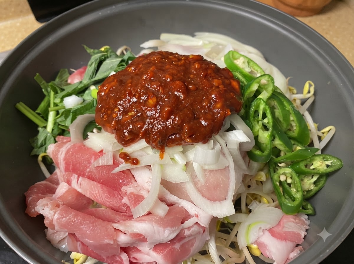 Salsa de chile rojo siendo tomada y vertida sobre la parte superior de los ingredientes crudos en capas.