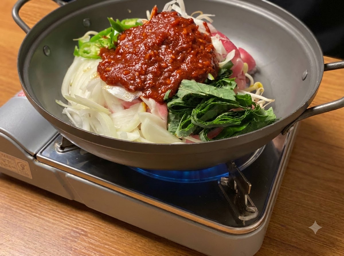 Ingredientes cocinándose a fuego lento en una sartén sobre una llama de gas, con la salsa roja mezclándose con la carne y las verduras.