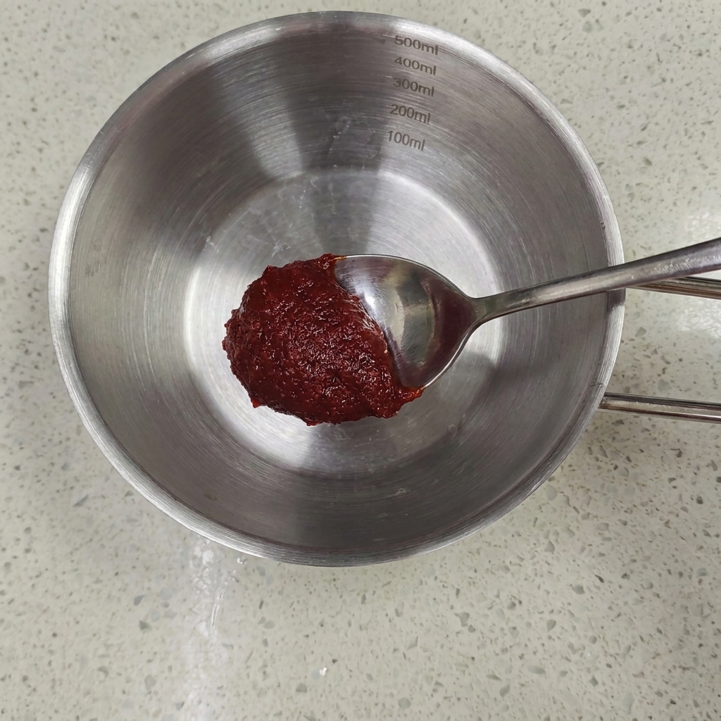 Una cucharada de pasta de chile roja sostenida sobre un tazón de acero inoxidable con marcas de medición en el lateral.