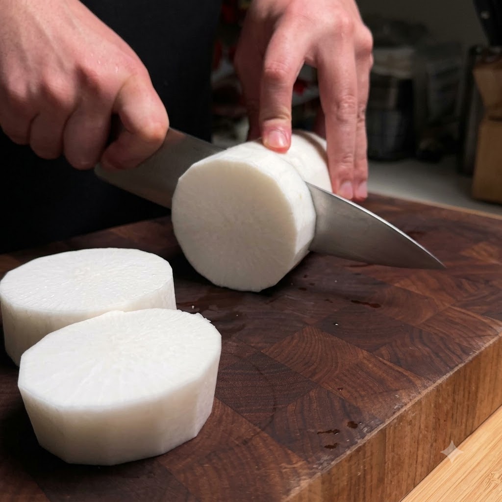 Rodajas gruesas de rábano blanco fresco cortadas con un cuchillo de cocina sobre una tabla de madera.