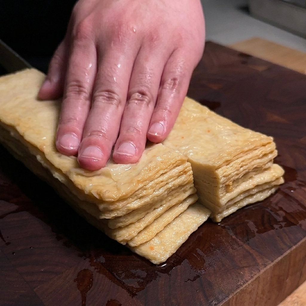 Una pila de láminas de pastel de pescado plano cocido cortadas en tiras con un cuchillo sobre una tabla de madera.
