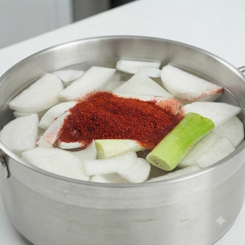 Una olla de caldo vegetal llena de rodajas de rábano blanco, cebolleta y un montón central de chile en polvo rojo y pasta de salsa picante coreana.