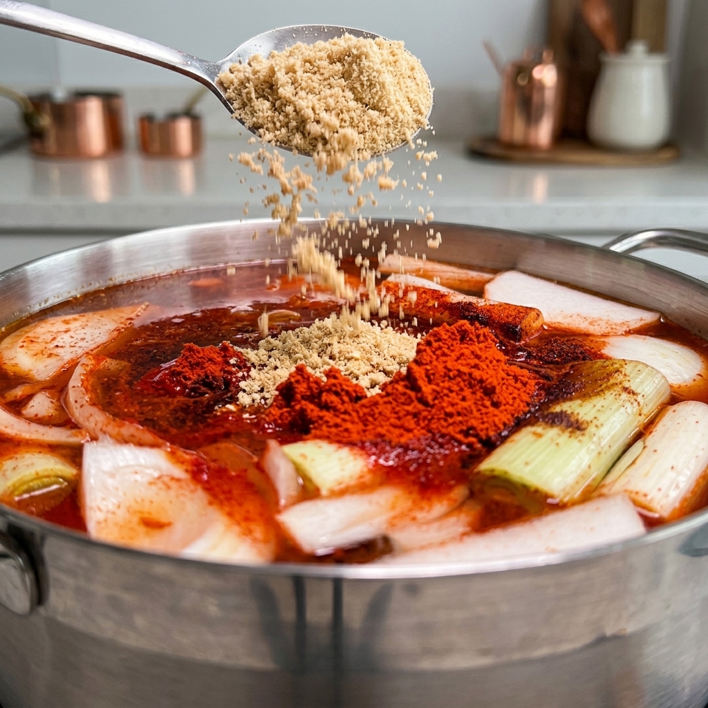 Una cucharada de polvo de cacahuete vertida en una olla grande llena de salsa roja picante hirviendo y verduras en rodajas.