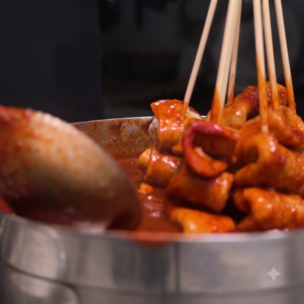 Brochetas de pastel de pescado sumergidas en una olla de salsa roja picante espesa y hirviendo con un cucharón.