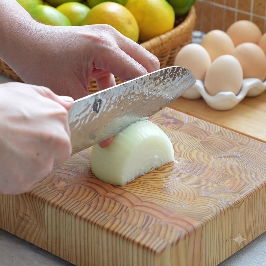 Media cebolla siendo picada en trozos pequeños sobre una tabla de picar de madera con un cuchillo de chef.