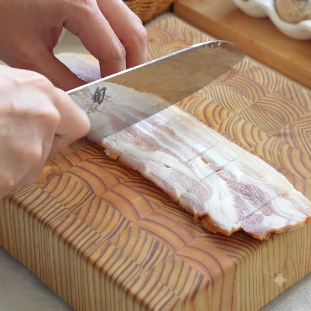 Tres tiras de tocino siendo cortadas en tiras finas sobre una tabla de madera.