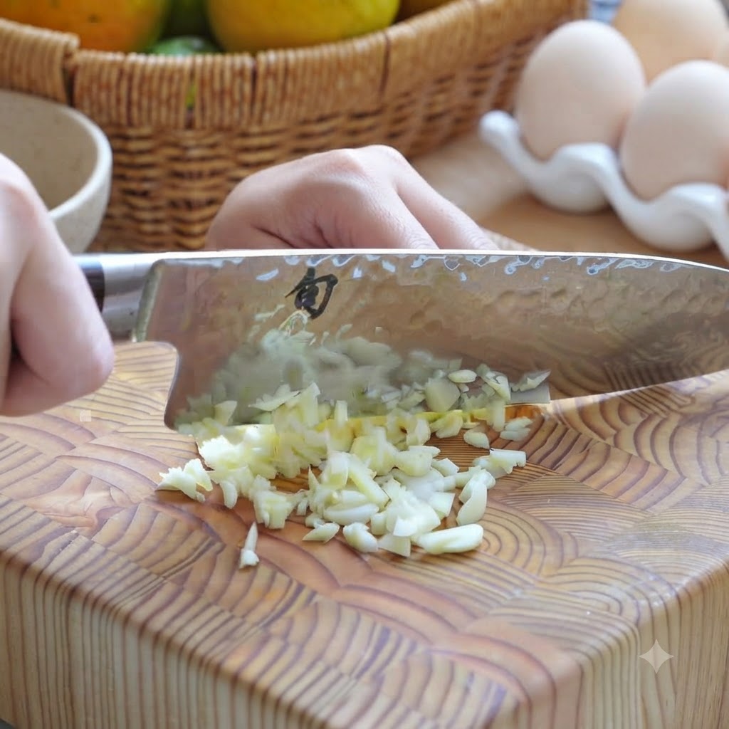 Dientes de ajo siendo finamente picados en la tabla de picar con un cuchillo de chef.