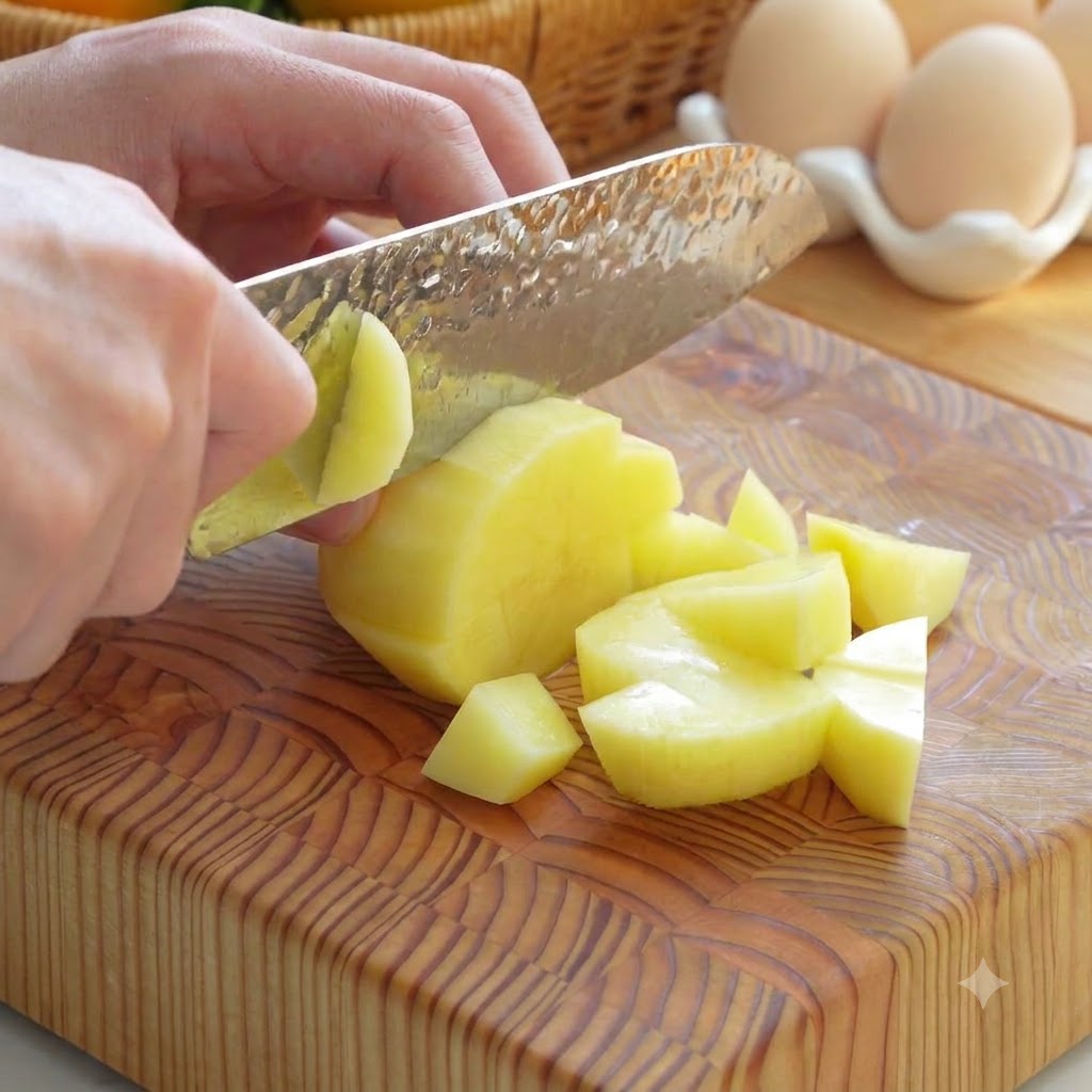 Papas y zanahorias siendo peladas y cortadas en cubos pequeños y uniformes sobre una tabla de picar.