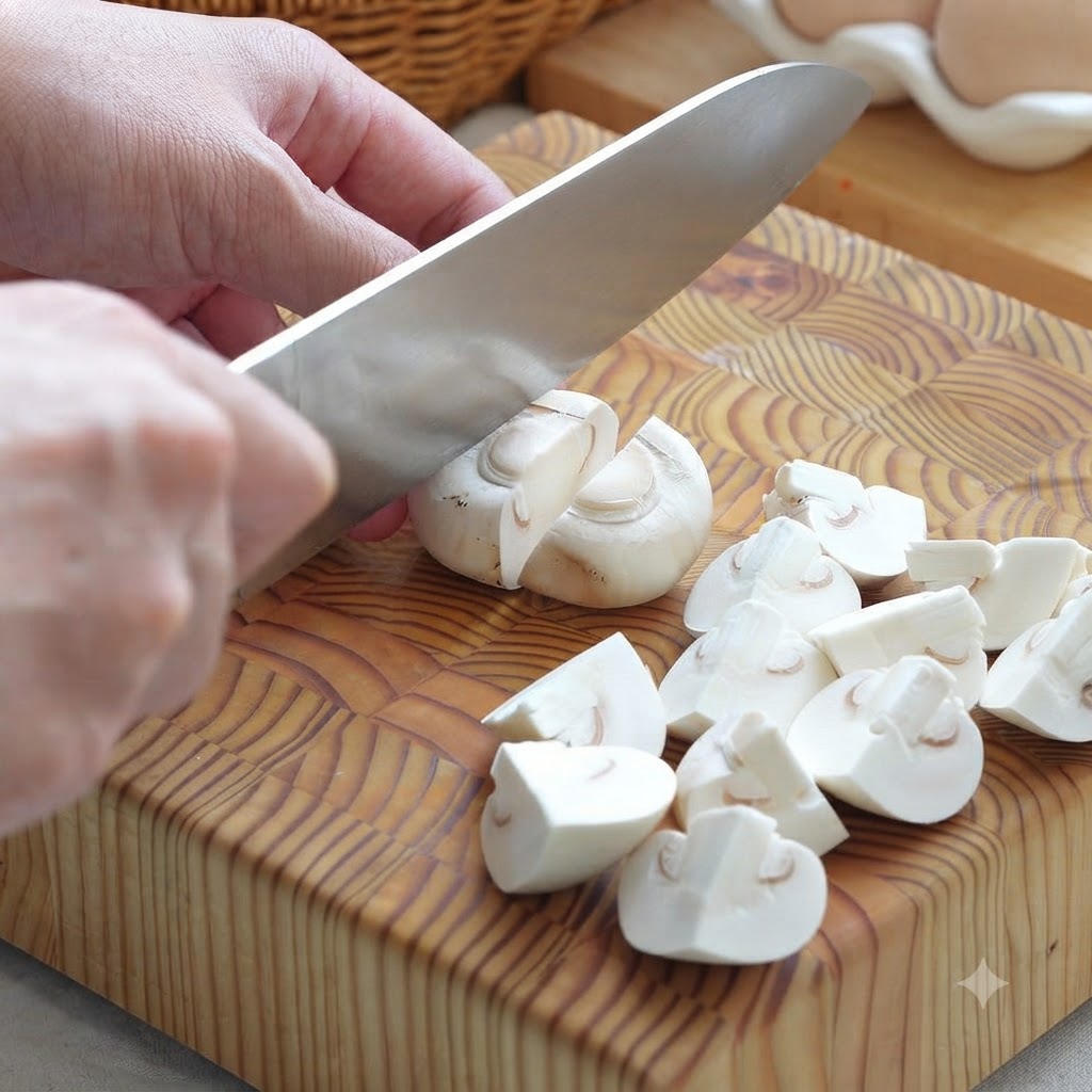Champiñones blancos siendo cortados en cuartos sobre una tabla de picar de madera.