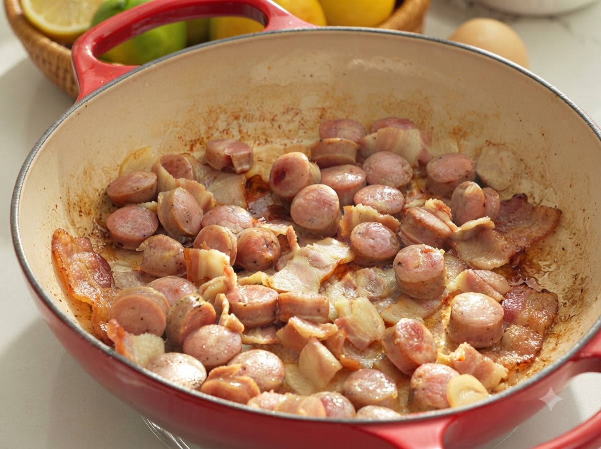 Tiras de tocino y salchichas en rodajas friéndose en una sartén roja grande hasta que sus superficies estén doradas y ligeramente tostadas.