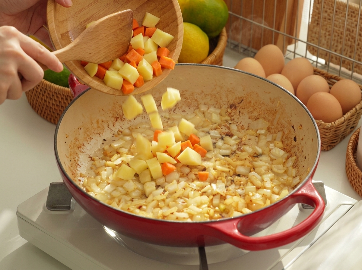 Papas y zanahorias en cubos siendo vaciadas desde un tazón de madera hacia una sartén que contiene aromáticos salteados.