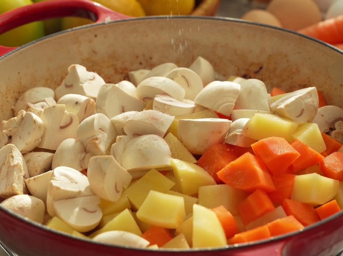 Condimentos siendo espolvoreados sobre una mezcla de champiñones blancos en rodajas, papas en dados y zanahorias en una sartén.