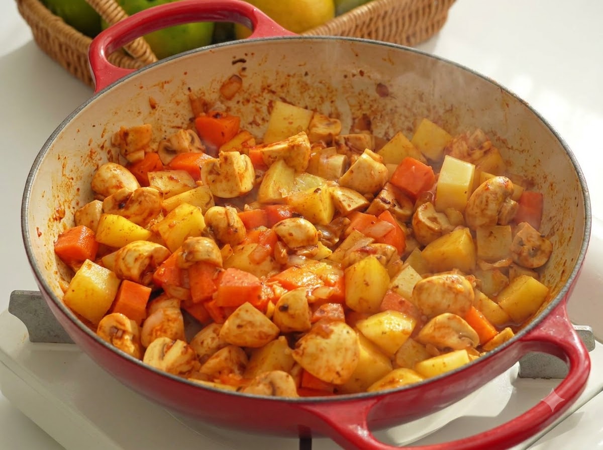 Verduras hirviendo a fuego lento y cocinándose al vapor dentro de una sartén roja tapada.