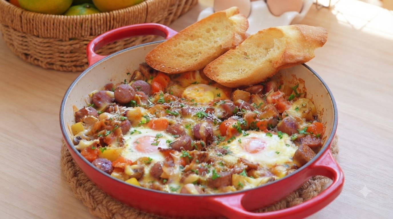 Huevos al Horno con Salchicha Alemana y Queso