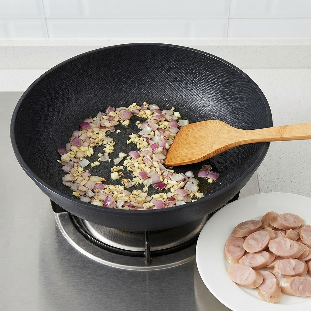 Rebanadas de salchicha asada dispuestas en un plato blanco al lado de una sartén con ajo y cebollas salteados.