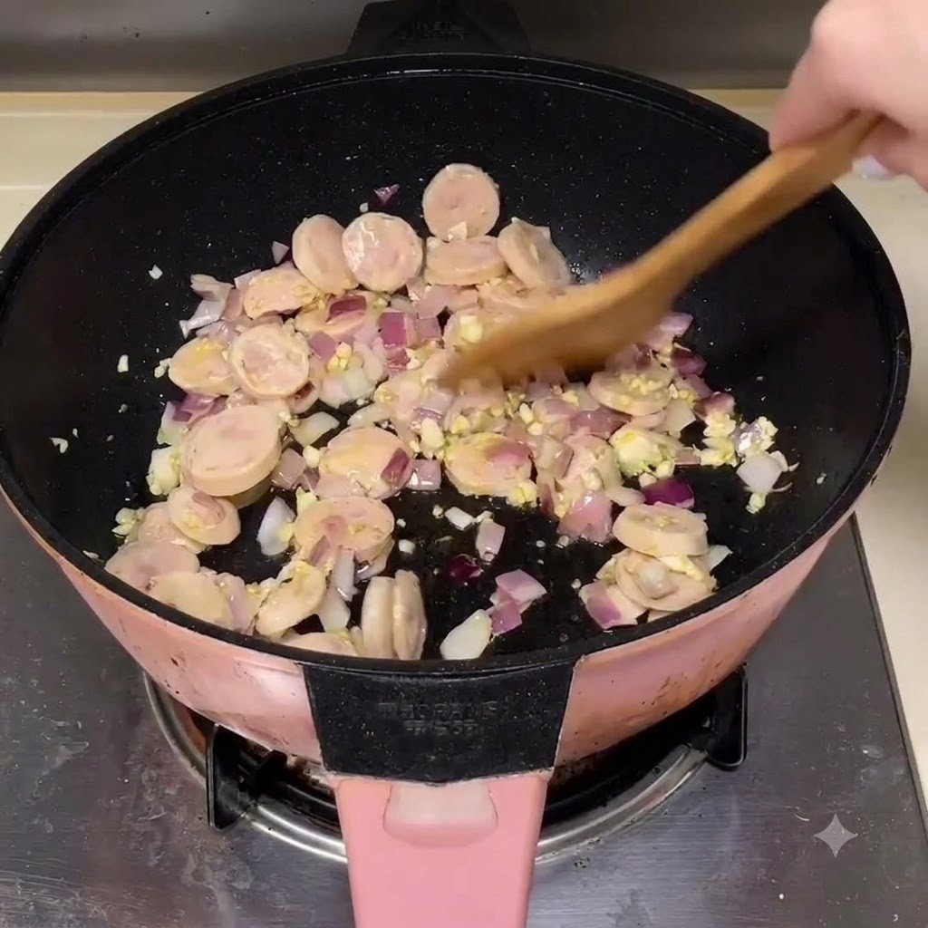 Rodajas de salchicha siendo mezcladas con cebollas y ajo en una sartén usando una espátula de madera.