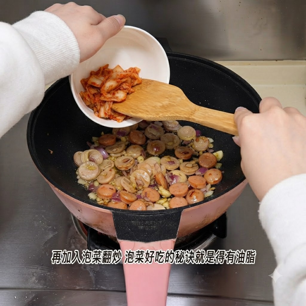 Kimchi siendo vertido desde un pequeño tazón blanco dentro de la sartén con las salchichas y cebollas.