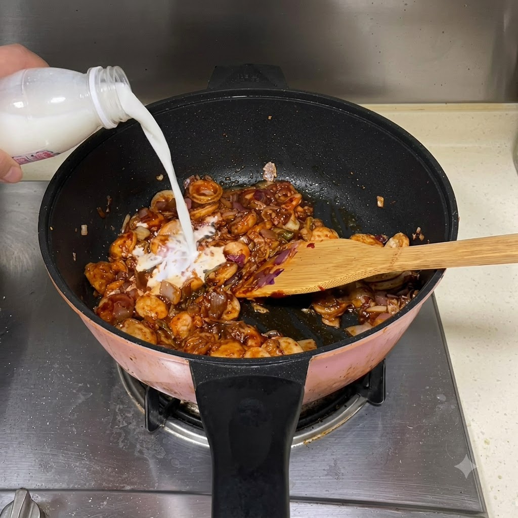 Leche fluyendo desde una botella de plástico hacia la sartén de cocción con los ingredientes a fuego lento.