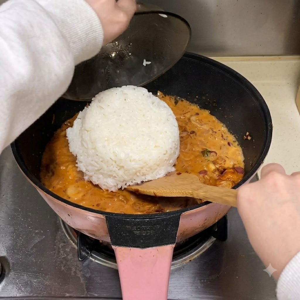 Un tazón de arroz blanco siendo volcado sobre una salsa roja burbujeante en una sartén.