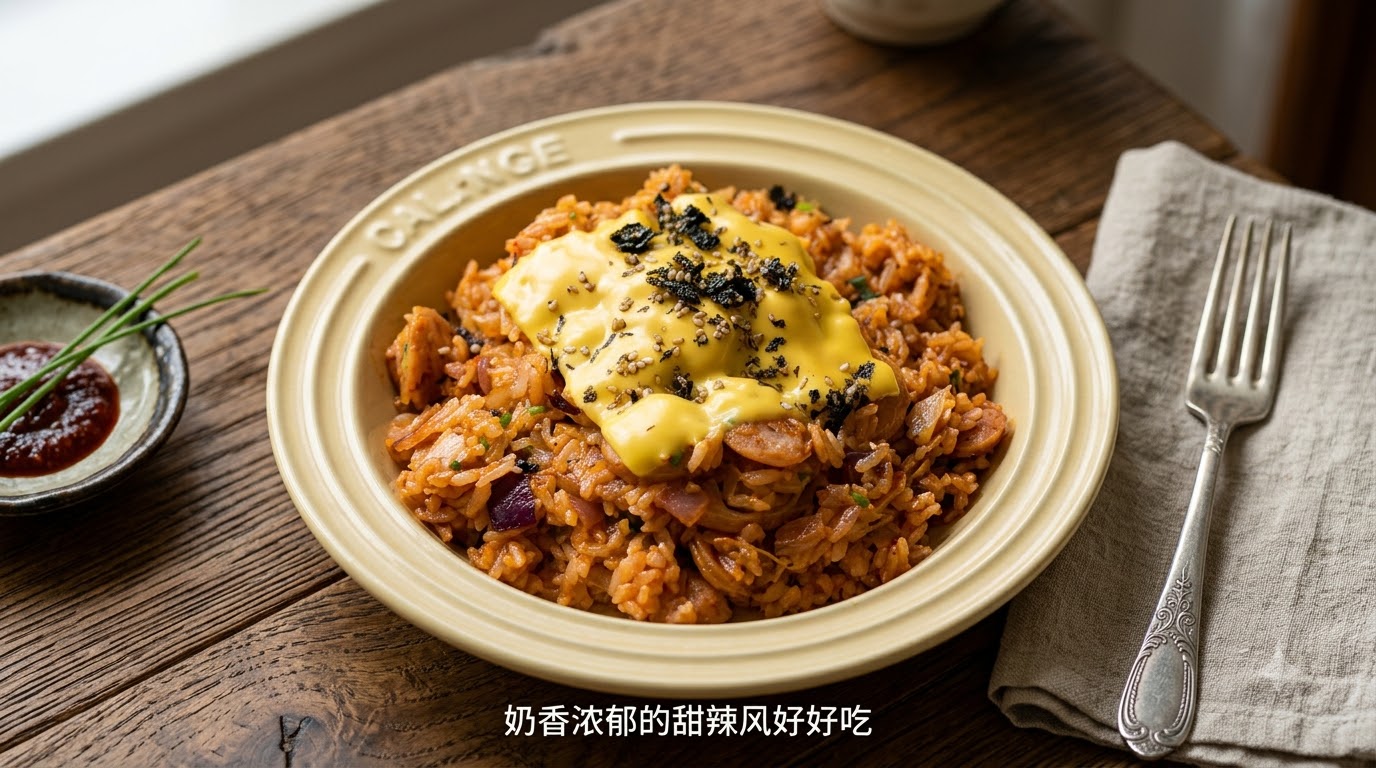 Un plato de arroz estofado con kimchi y salchicha cubierto con una rebanada de queso amarillo derretido, trozos triturados de alga y semillas de sésamo tostadas.