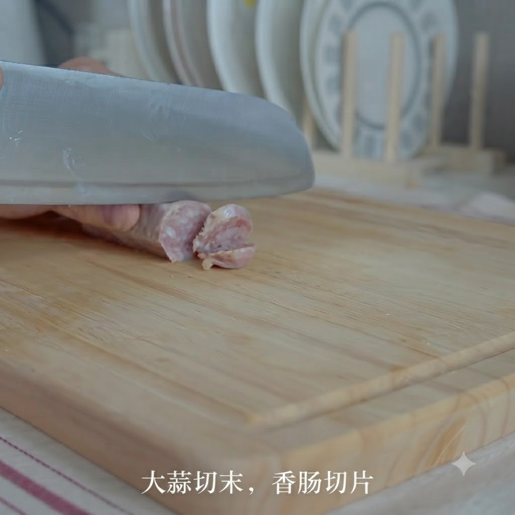 Un cuchillo de cocina cortando una salchicha en rodajas sobre una tabla de cortar de madera.