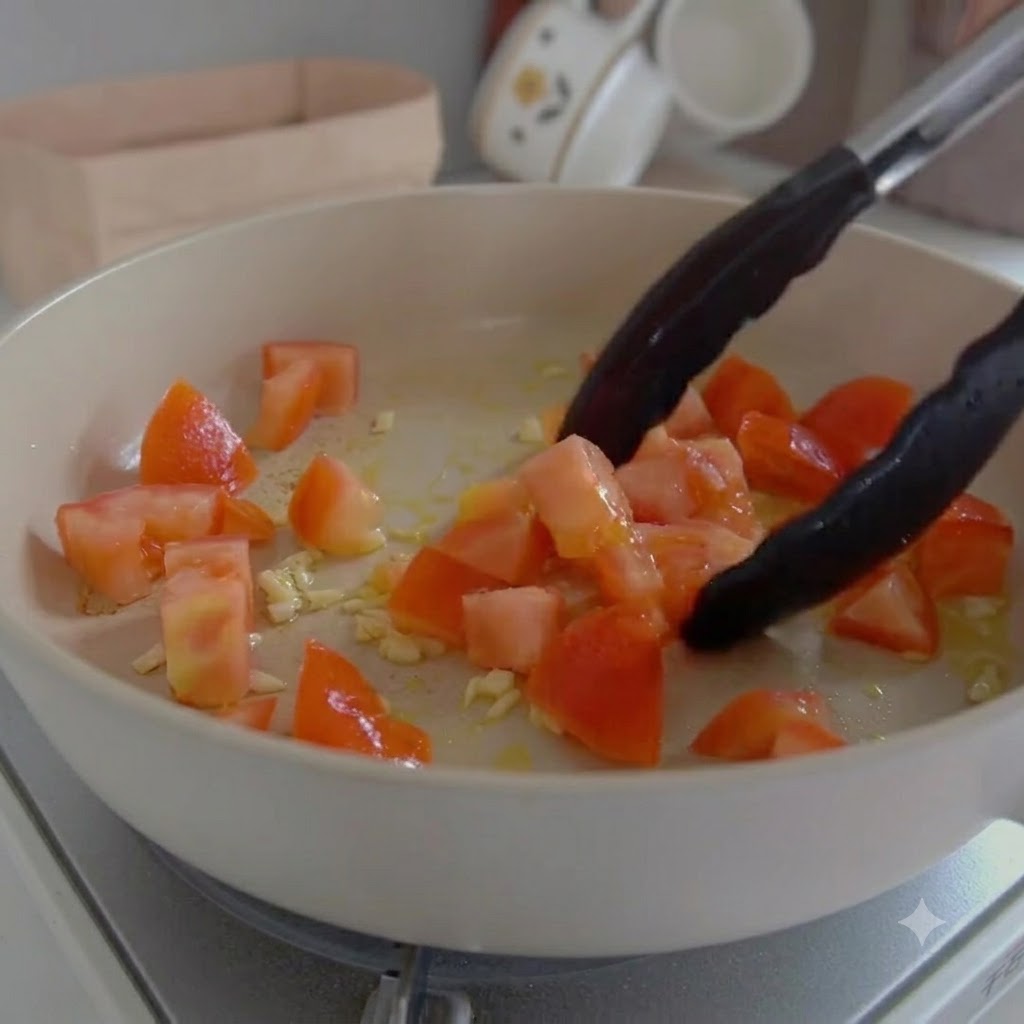 Tomates picados, kimchi y rodajas de salchicha siendo salteados en una sartén blanca usando pinzas de cocina.