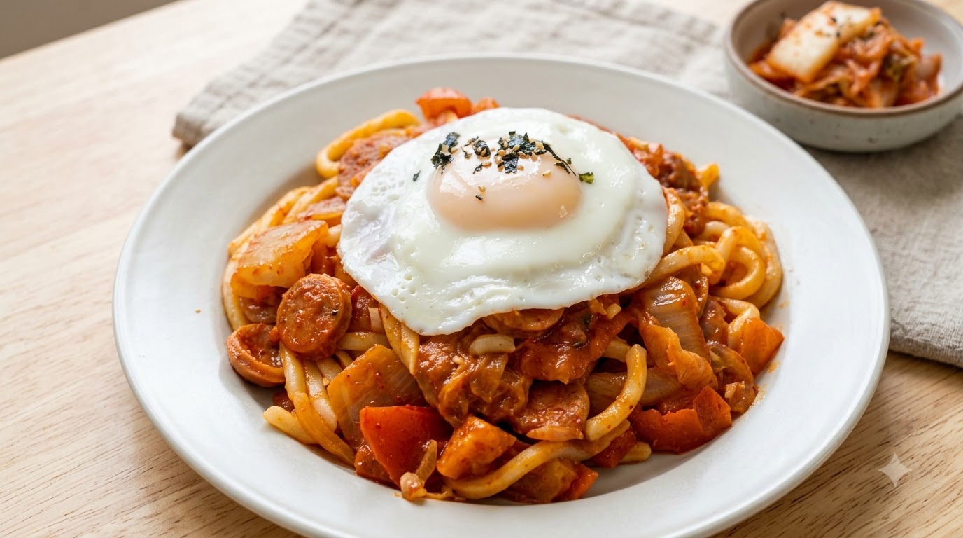 Udon salteados con kimchi y salchicha