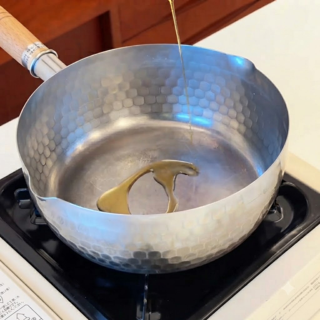 Aceite de sésamo dorado cayendo en chorro hacia el centro de una olla de metal vacía sobre un quemador.