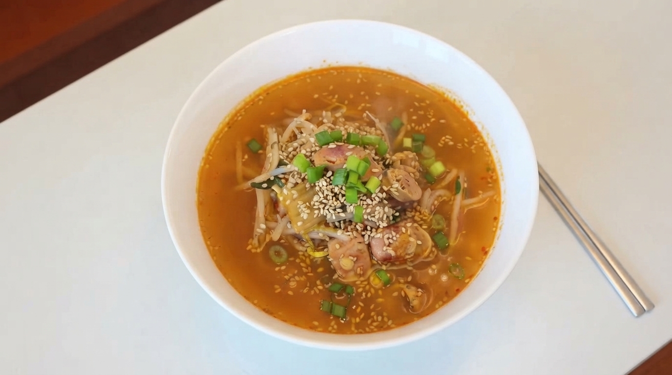 Sopa de Kimchi y Salchicha en 10 Minutos con Brotes de Soja