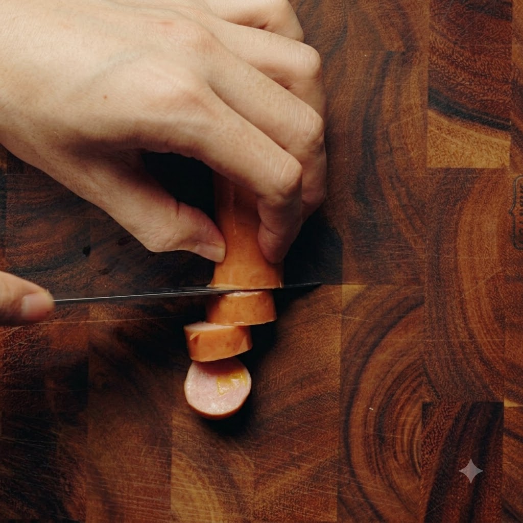 Una mano cortando una salchicha con queso en rodajas pequeñas sobre una tabla con un cuchillo.