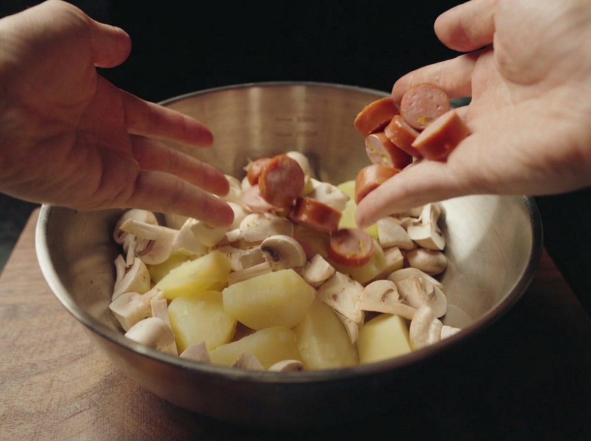 Manos añadiendo salchichas en rodajas y champiñones blancos en un bol con trozos de patata cocida.