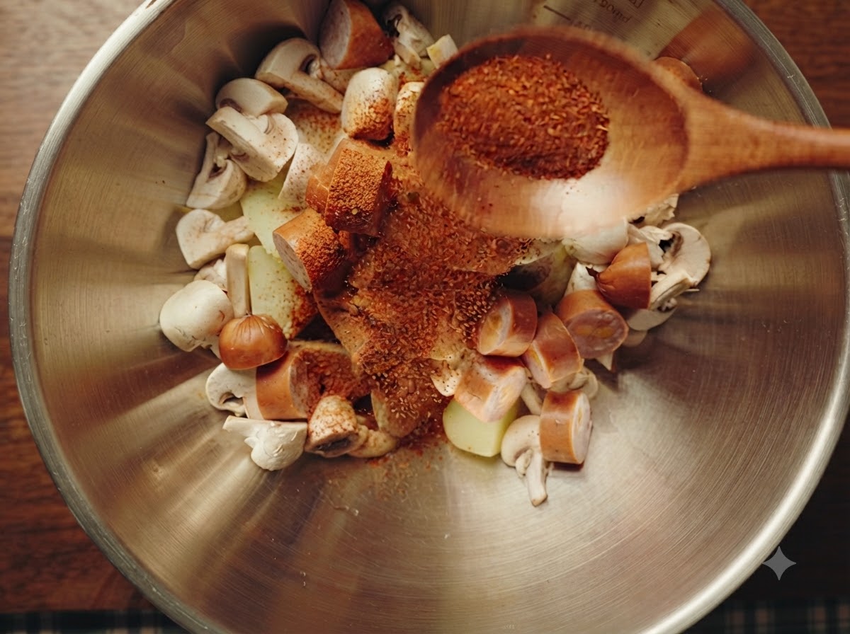 Una cuchara de madera espolvoreando comino, chile en polvo y sal sobre los ingredientes en un bol.