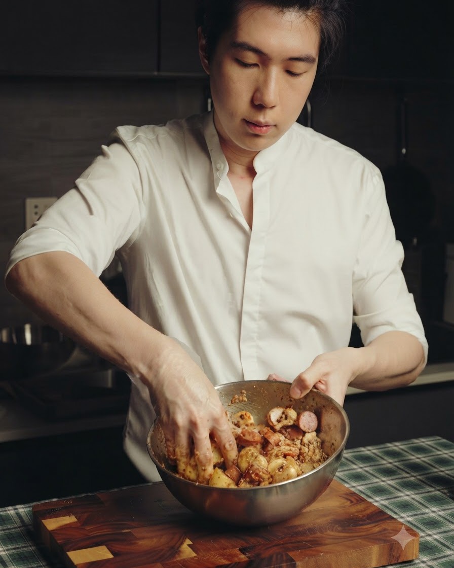 Una persona mezclando patatas sazonadas, salchichas y champiñones en un bol de acero inoxidable a mano.