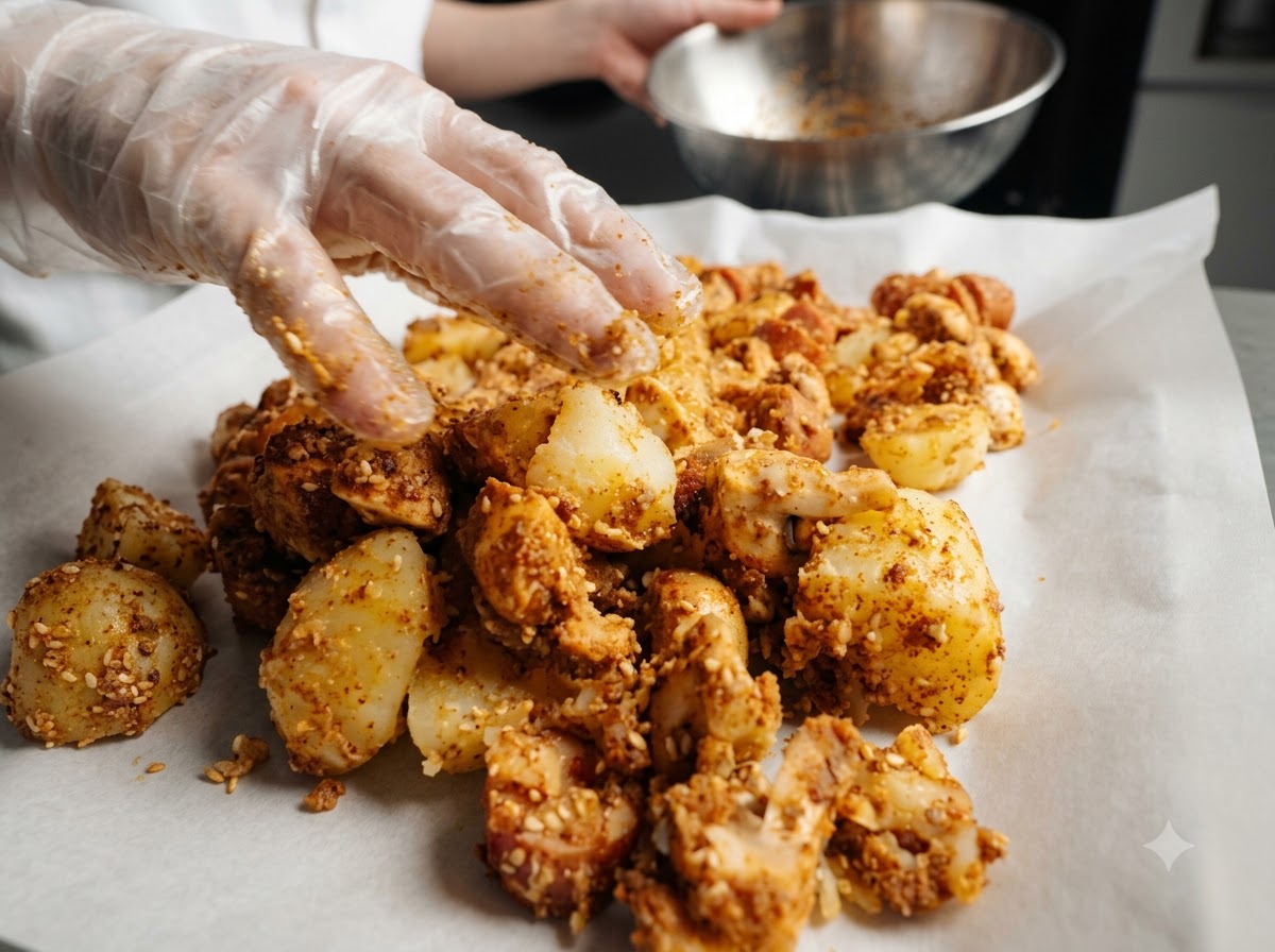 La mezcla de patatas y salchichas esparcida sobre una bandeja de horno forrada con papel vegetal.