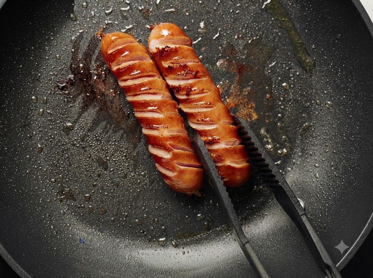 Dos salchichas con queso marcadas cocinándose y dorándose en una sartén negra sostenida con pinzas.