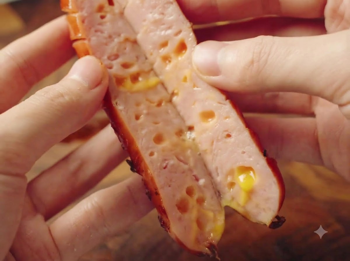 Una salchicha con queso recién cocinada cortada por la mitad, mostrando el queso amarillo fundido en el interior.