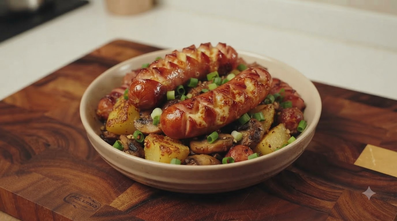 Cuenco de Patatas Asadas y Salchichas con Queso a la Plancha