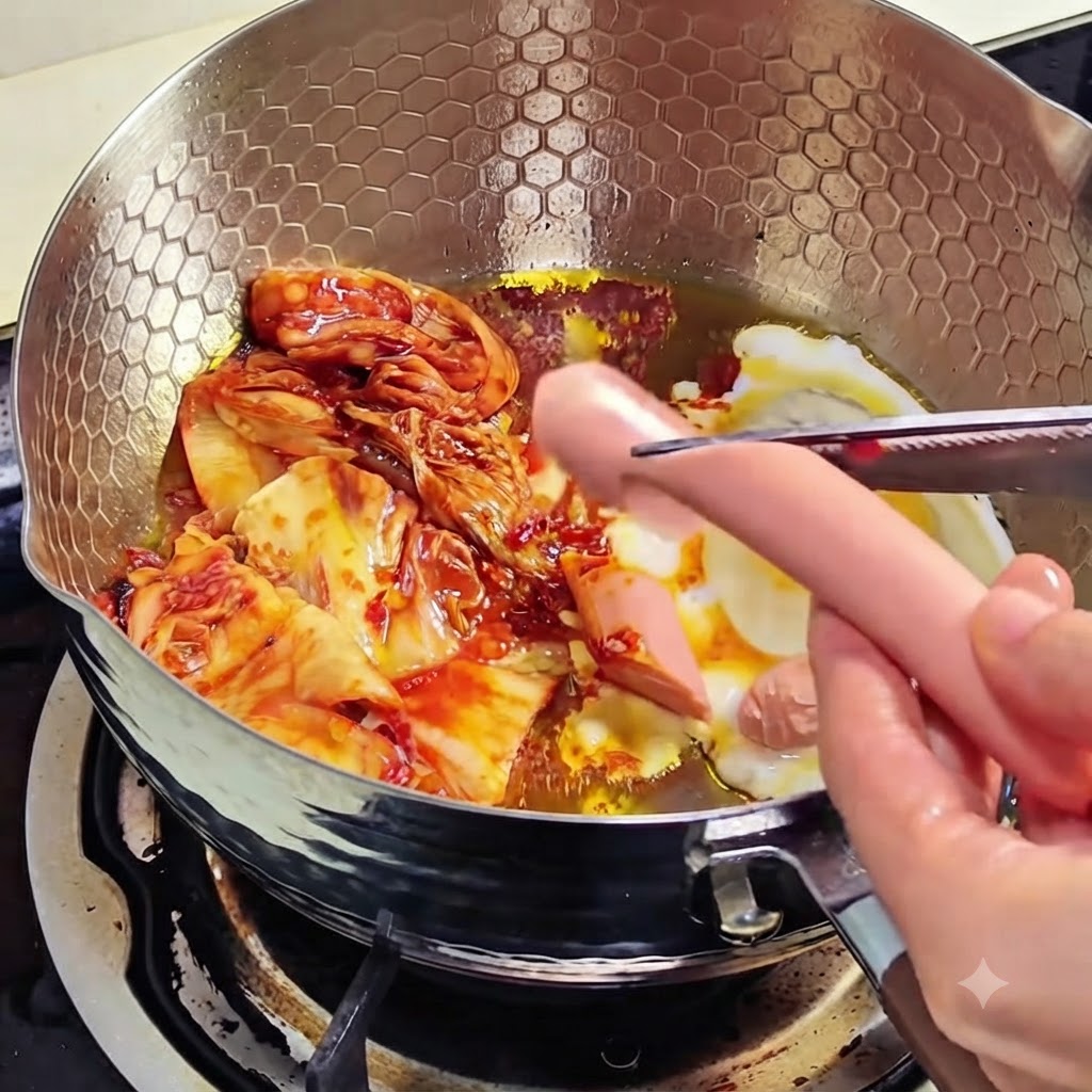 Kimchi salteándose en una sartén con un huevo y trozos de salchicha en rodajas.