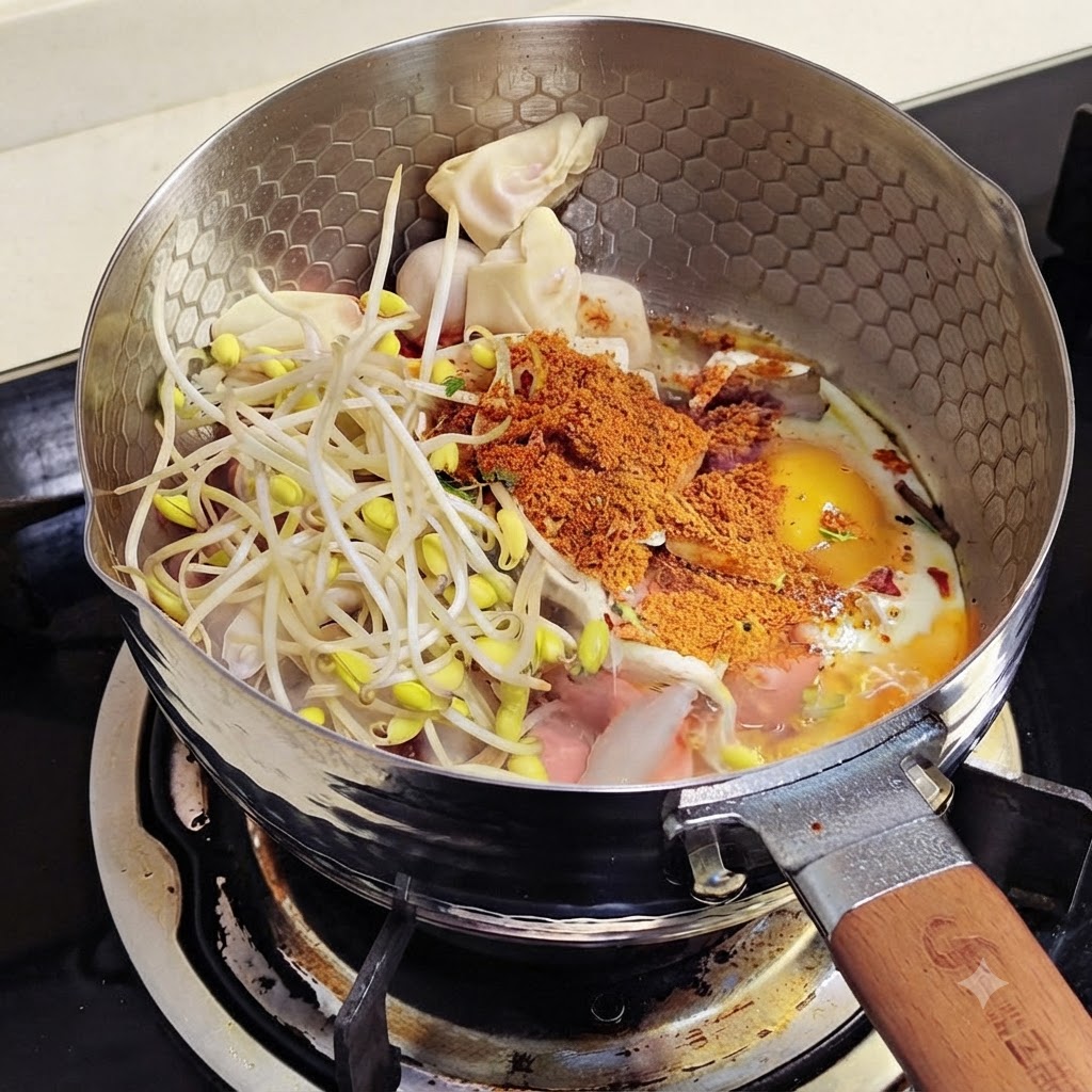 Polvo sazonador y agua añadidos sobre los ingredientes en la sartén.