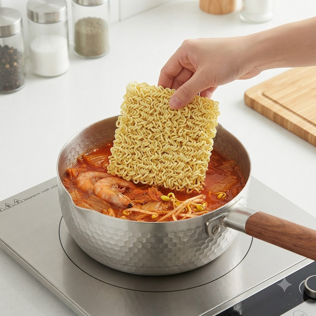 Fideos ramen siendo colocados en una olla con caldo hirviendo, camarones y verduras.