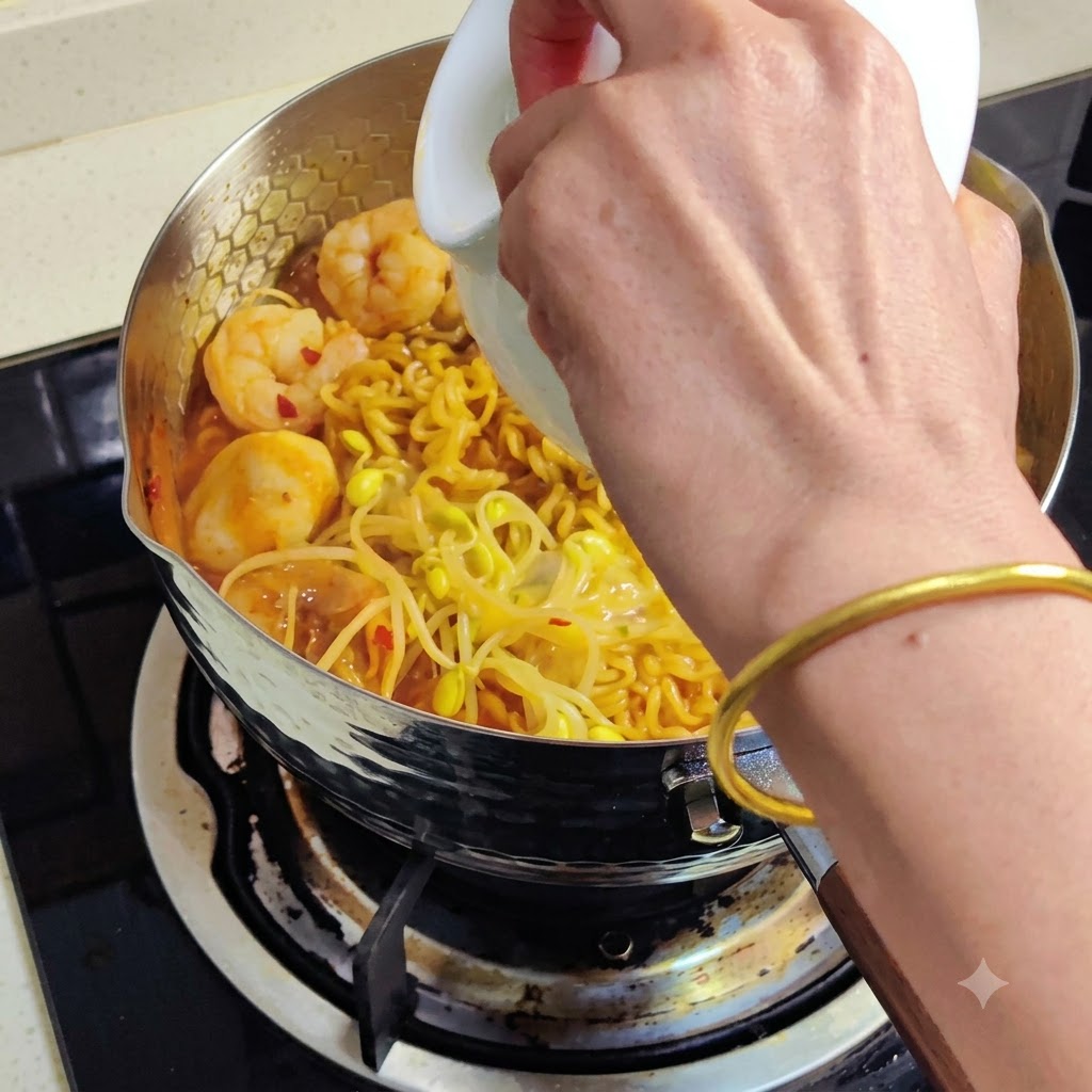 Huevo batido siendo vertido desde un recipiente blanco en la olla de fideos hirviendo a fuego lento.