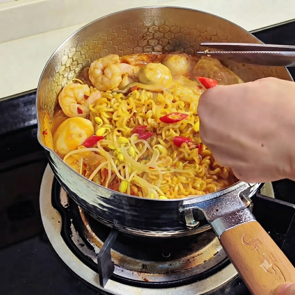 Chiles rojos picados y cebollas verdes siendo espolvoreados sobre los fideos ramen cocidos.