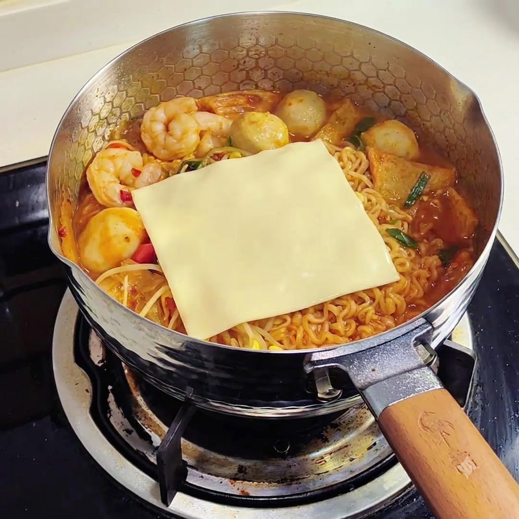Dos rodajas de queso amarillo colocadas sobre los fideos ramen humeantes en una sartén.