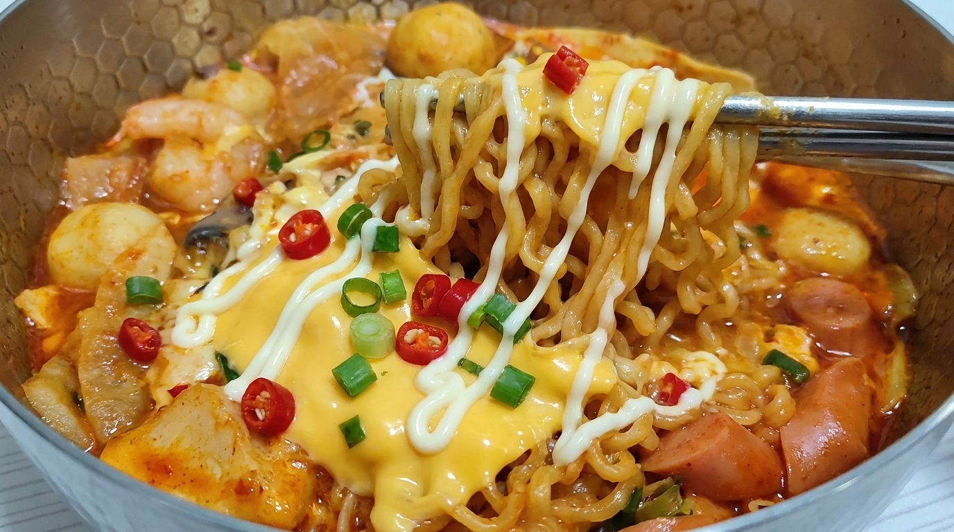 Una rica olla de fideos instantáneos cubierta con queso derretido, un chorrito de mayonesa y rodajas de chile picante siendo levantados con palillos.