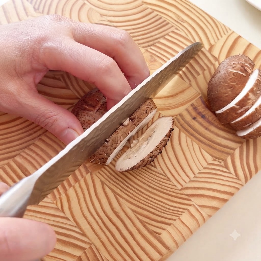 Champiñones shiitake y salchicha de jamón cortados en rodajas finas sobre una tabla de cortar de madera con un cuchillo.